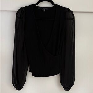 French Connection Black Sheer Sleeve 100% Cotton Sweater Blouse